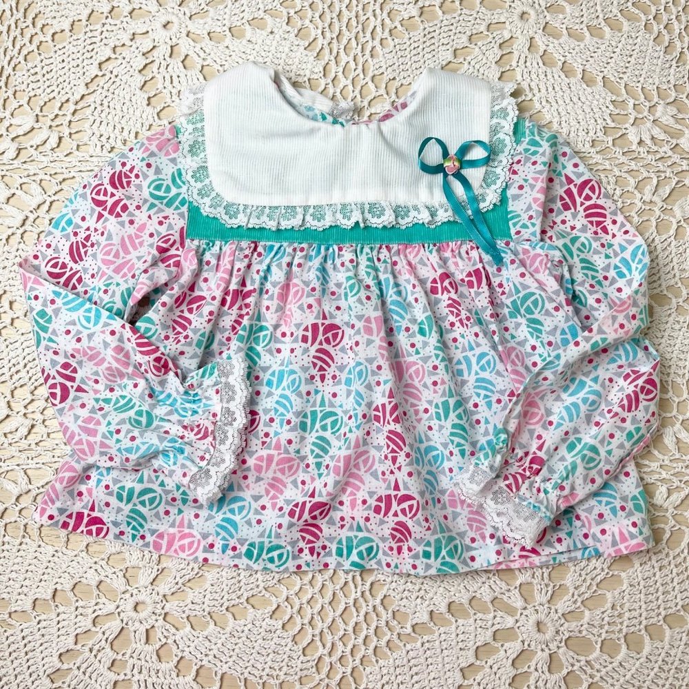 Vintage 1980s Baby Girl 3-4 Years Turquoise Abstract Floral Long Sleeve Blouse
